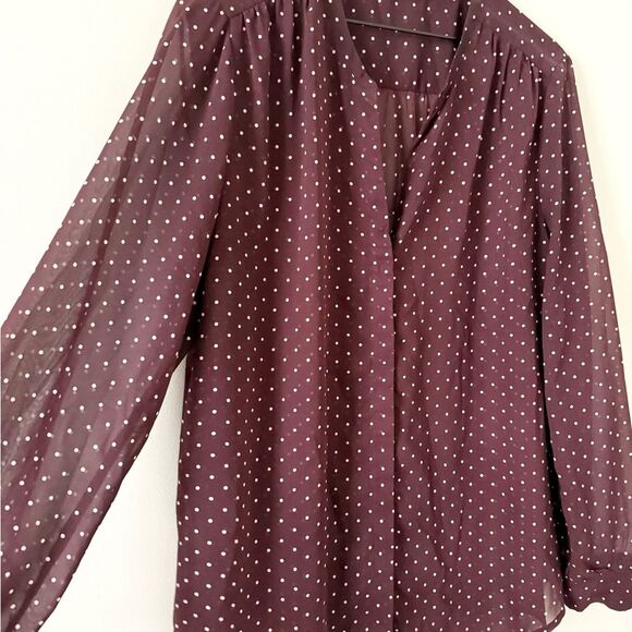 Old Navy Sheer Button Front Top in Maroon Top with White Dots Size XL - Picture 2 of 5